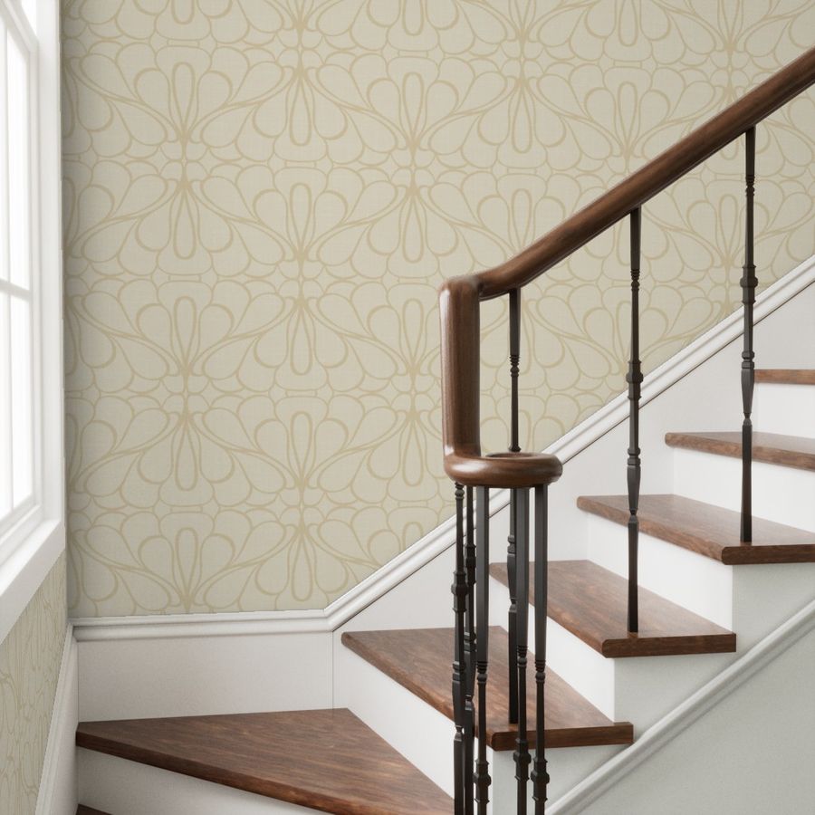 Staircase with a wallpaper with flax beige fluent lines on a linen textured merino beige white