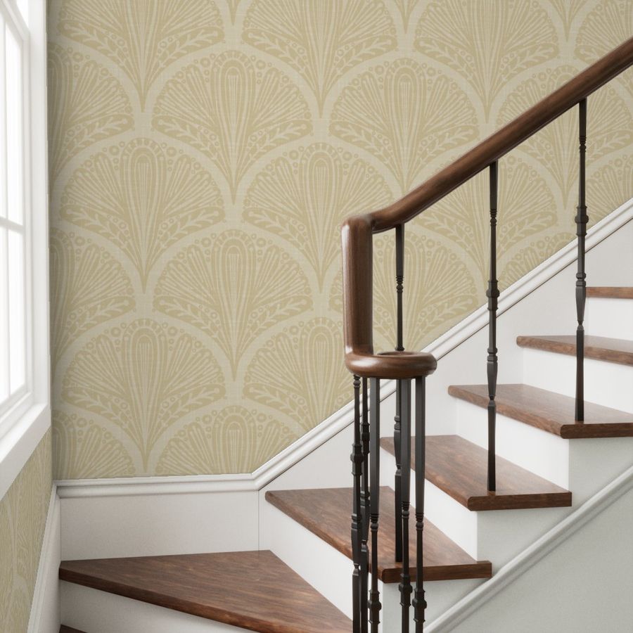 Staircase with hand drawn geometric fan style intricate flax beige flowers on linen textured merino beige
