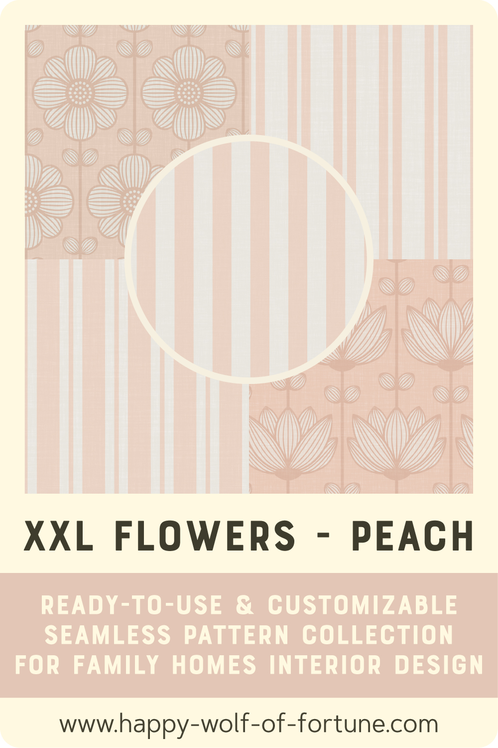 Swatch with seamless pattern for family homes interior design showing a collection preview with different patterns from the collection "XXL Flowers - Dusty Peach Pink"